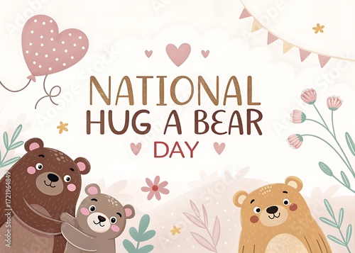 Cute illustration celebrating national hug a bear day with adorable bears and festive decorations
