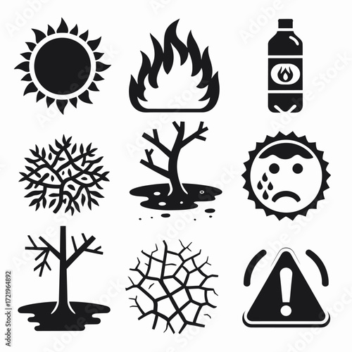 A collection of black and white icons depicting climate change and environmental issues, including drought, fire, and a sad sun.