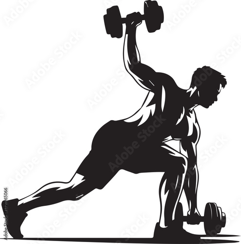 Muscular fitness athlete silhouette performing a challenging dumbbell workout exercise for strength and power