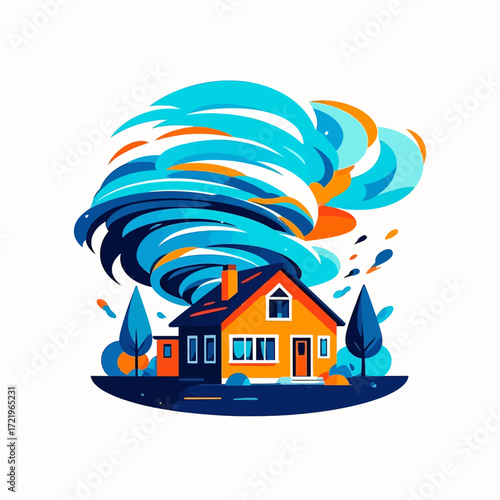 A collection of objects including a boat, bridge, inflatable raft, street lamp, life buoy, refrigerator, and house, all partially submerged in water.