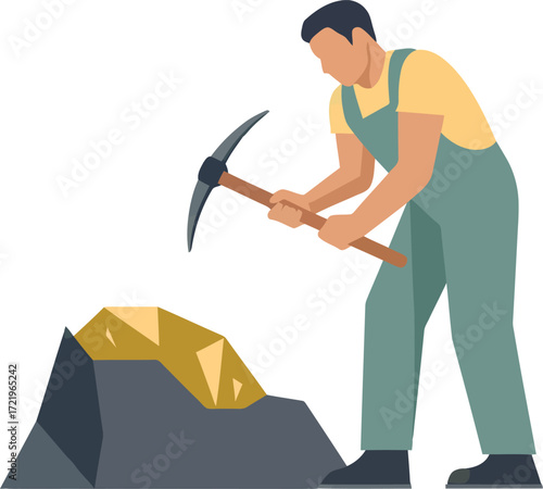 Gold Miner with Pickaxe Discovering a Gold Nugget in a Rock