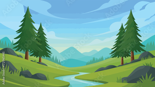 Lush green valley with winding stream, pine trees, rocky hills, and layered mountains under a partly cloudy sky—peaceful nature landscape 
