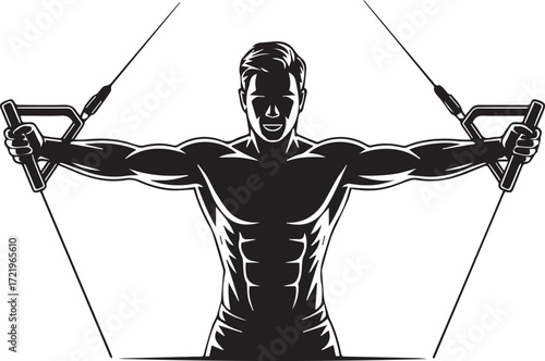 Athletic male silhouette performing chest exercise with cable machine fitness workout