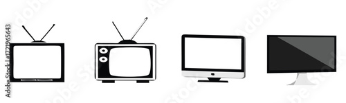 Vector art of a collection of television icons showcasing the evolution of tv technology 
