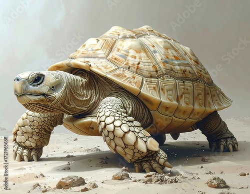 Large tortoise walking across sandy terrain