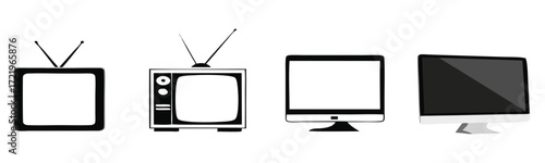 Vector art of a collection of television icons showcasing the evolution of tv technology 
