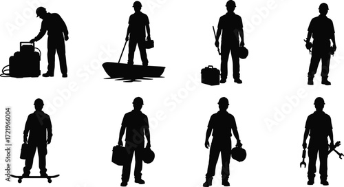 Silhouettes, professions, workers, technician, fisherman, engineer, construction, mechanic, toolbox, helmet, tools, occupation, black, shadow, activity, job, trades, labor, industry