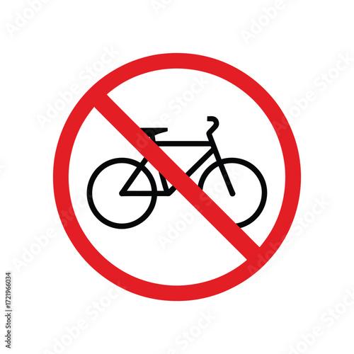 “No Bicycles Allowed” traffic symbol with black bicycle and red prohibition circle—representing restricted access, safety, and regulation