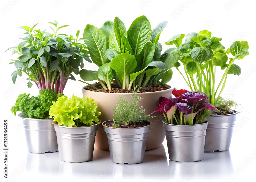 Fototapeta premium Assorted vegetable plants in stylish pots with clean white background