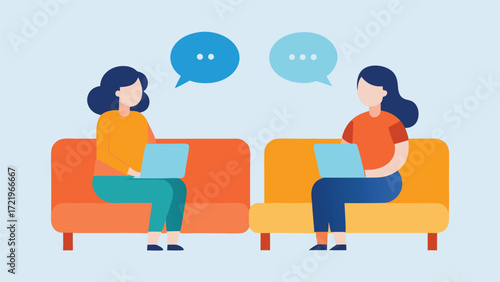 Two women sitting on sofas having a conversation while using laptops isolated on white background