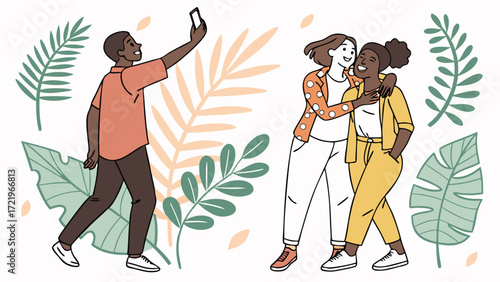 Friends are capturing memories with a selfie in a lush, tropical setting, surrounded by vibrant foliage and enjoying their time together