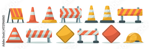 Traffic road repair barrier vector set with safety barricades construction fences warning signs for urban planning and safety projects