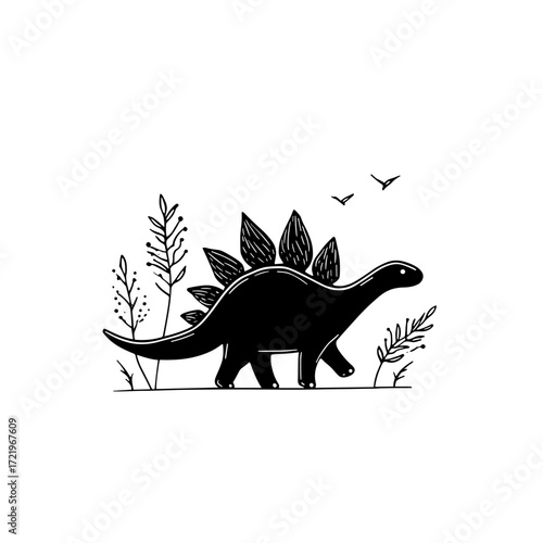 Stegosaurus. Stegosaurus simple black and white line art vector logo