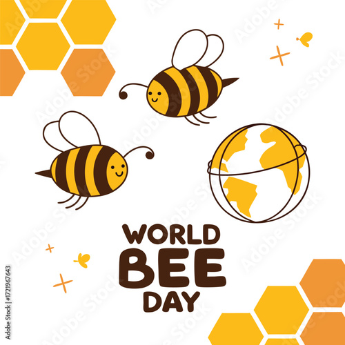 Cute Flat Design World Bee Day Poster with Bees, Honeycombs, and Globe Illustration