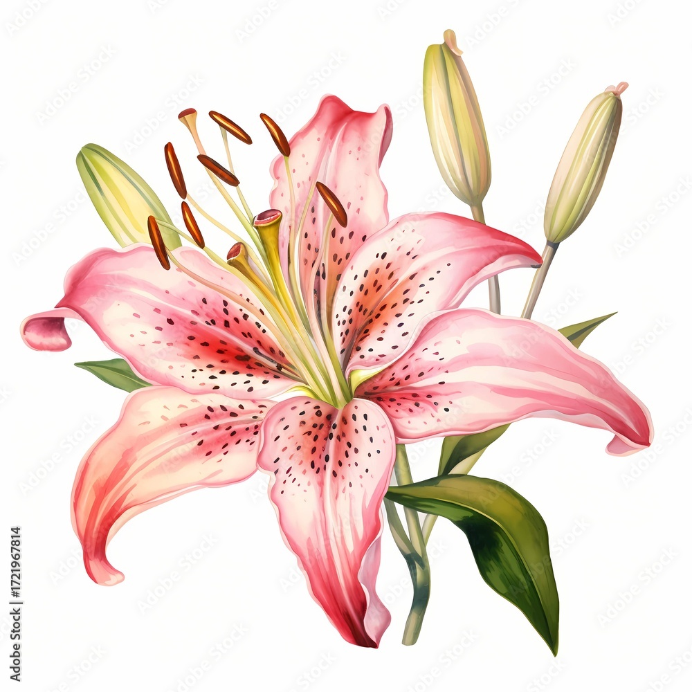 Fototapeta premium A single pink lily blossom with two closed buds and green leaves is depicted against a plain white background.