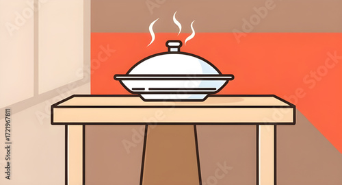 steaming cloche, cloche food cover, cartoon dome cloche, flat cloche icon, cute cloche cartoon, shiny cloche, metallic cloche, round cloche cartoon, cooking cloche, cloche on plate, covered food carto