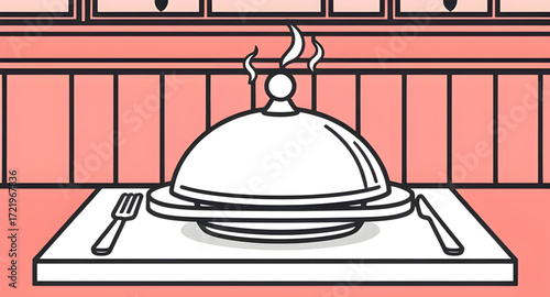 cloche with steam, steaming cloche, cloche food cover, cartoon dome cloche, flat cloche icon, cute cloche cartoon, shiny cloche, metallic cloche, round cloche cartoon, cooking cloche, cloche on plate,
