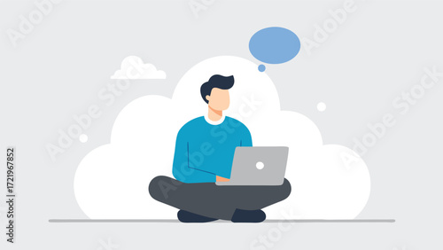 Illustration of a man sitting crosslegged with a laptop, contemplating ideas against a backdrop of clouds and a light gray background