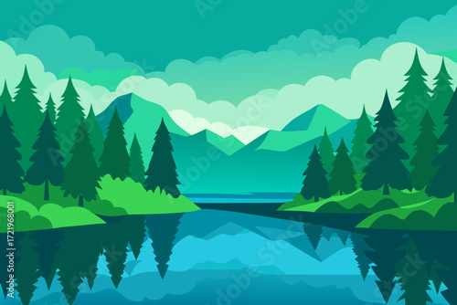 Serene mountain landscape with pine trees and reflecting lake