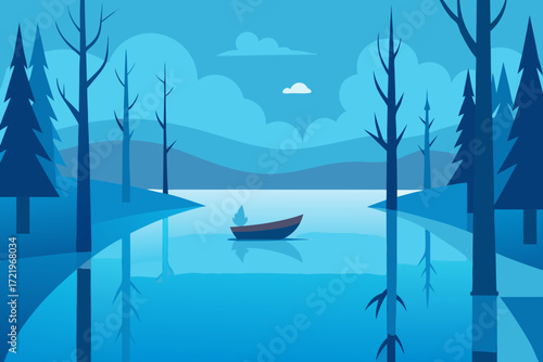 Serene blue landscape with a lone boat on a calm lake