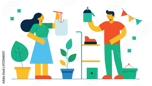 A couple is watering plants and holding a shopping bag isolated on white background they are taking care of their home and environment