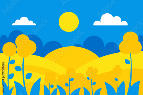 Stylized ukrainian landscape with yellow flowers and blue sky