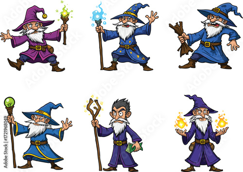 Cartoon wizards casting spells, fantasy characters illustration, magical powers, vector art, mystical scene, sorcerer role, enchanted concept, mythical figures, creative design