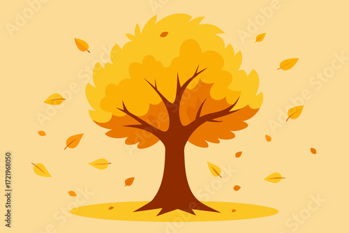 Stylized autumn tree with falling leaves in warm orange and yellow tones