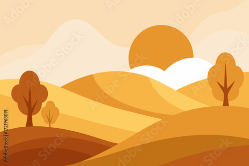 Stylized autumn landscape with rolling hills and setting sun
