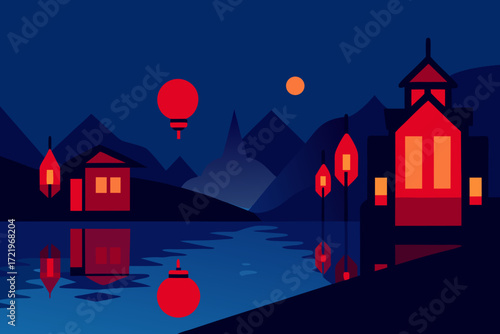 Serene asian landscape at night with red lanterns and traditional buildings reflecting in water
