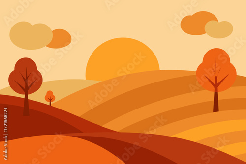 Stylized autumn landscape with rolling hills trees and sun