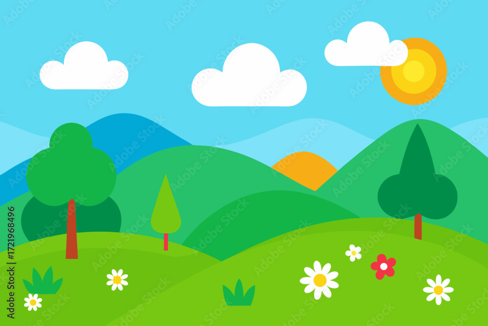 Fototapeta premium Bright and cheerful cartoon landscape with rolling green hills and fluffy clouds