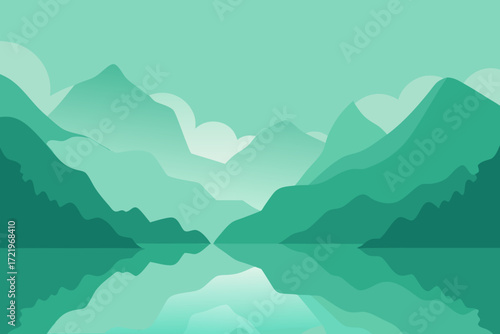 Serene green mountain range reflected in calm water with soft clouds