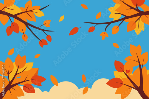 Autumn leaves falling from branches against a clear blue sky with soft clouds below
