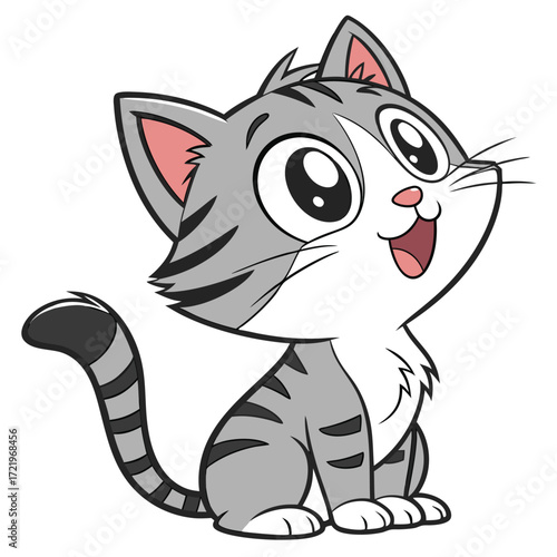 Cartoon Gray Tabby Cat with Big Eyes Looking Upward Innocently and Smiling Lovingly Showing Affection in a Sitting Position