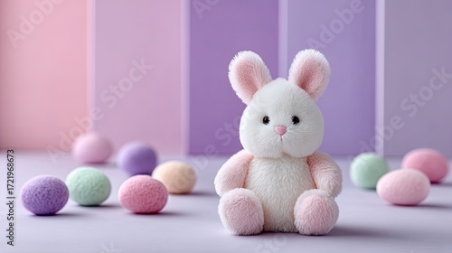 Cute Easter Bunny Figure Toy Rabbit Surrounded by Pastel Colored Decorative Eggs Against a Gradient Purple and Pink Background