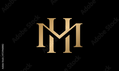 A luxurious and prestigious MH Logo - Classic, elegant and minimalist vector design featuring intertwined letters “M” and “H” in a golden monogram on a black background. 