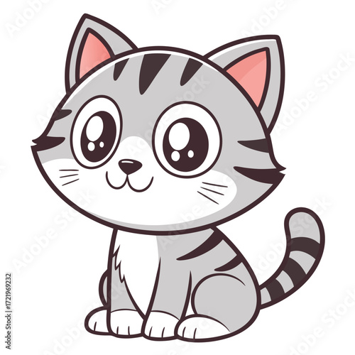 Cute Cartoon Gray Striped Tabby Cat with Big Eyes Sitting and Smiling Adorably Ready for Cuddles