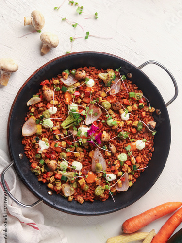 Mexican Spicy Vegetable Rice Skillet with Mushrooms and Fresh Herbs