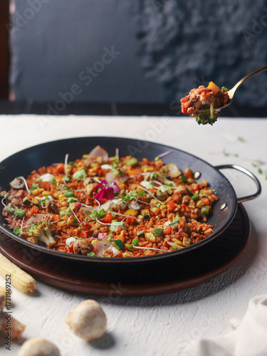 Mexican Spicy Vegetable Rice Skillet with Mushrooms and Fresh Herbs