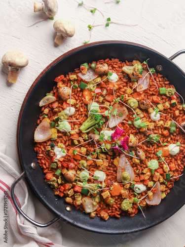 Mexican Spicy Vegetable Rice Skillet with Mushrooms and Fresh Herbs