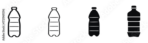 Illustration of plastic water bottles in varying states of fullness, showcasing different levels of liquid content and their simple, minimalist design 
