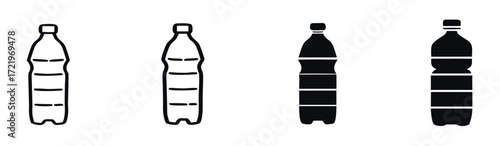 Illustration of plastic water bottles in varying states of fullness, showcasing different levels of liquid content and their simple, minimalist design 
