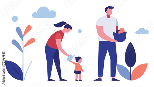 A family is spending time together in the garden, the mother is watering the child and the father is holding a basket isolated on white background