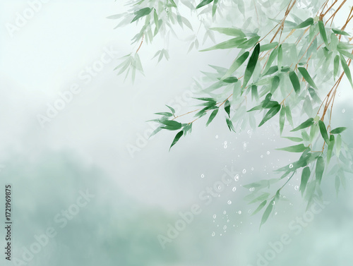 Composición artística de hojas de bambú con gotas de agua suspendidas, sobre fondo brumoso en tonos verdes y grises. Imagen que evoca tranquilidad, frescura y conexión con la naturaleza.