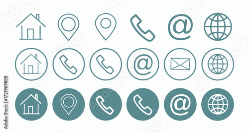 Illustration of contact information icons set, representing communication channels such as address, phone, email, website, and location details 