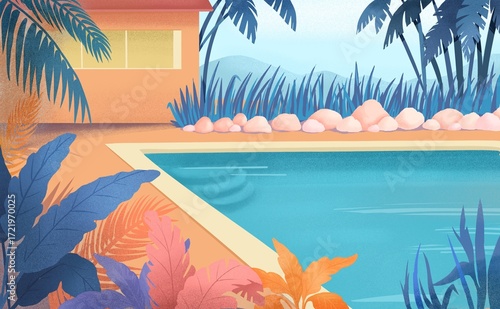 Tropical resort with big pool and exotic plants. Hand drawn illustration