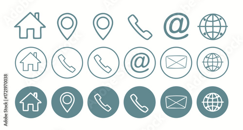 Illustration of contact information icons set, representing communication channels such as address, phone, email, website, and location details 
