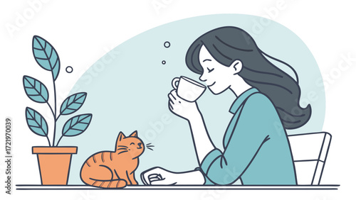 A woman is enjoying a cup of coffee while sitting at a table with her cat and a potted plant isolated on white background