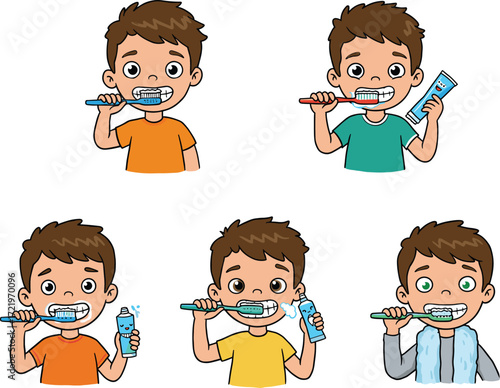 Cartoon boy brushing teeth, dental hygiene steps, toothpaste illustration, oral care concept, children health, vector art, morning routine, clean teeth, healthy smile